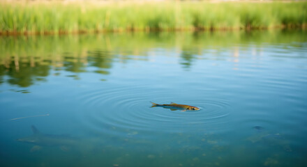 Small fish creating ripples on calm blue lake surface with green reeds reflecting in water. Summer banner for fishing tournaments, nature conservation campaigns and freshwater recreation activities