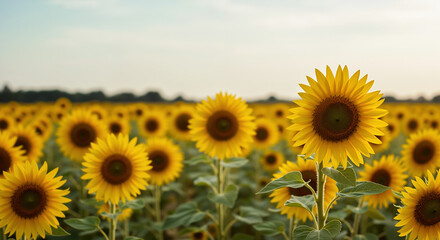 Fototapeta premium Field of vibrant yellow sunflowers stretching to horizon under clear summer sky. Bright blooming agricultural landscape with focused flowers in foreground shows natural beauty of countryside