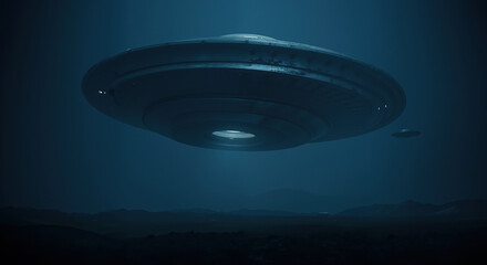 Metallic flying saucer spacecraft with glowing lights hovering over dark mountain landscape in night sky. Banner for science fiction movies, alien documentaries