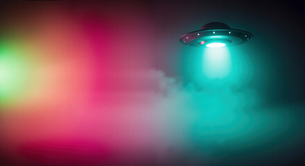 Flying saucer spacecraft with turquoise light beam against colorful pink and green gradient background. Banner for science fiction events, alien-themed parties and cosmic entertainment promotions
