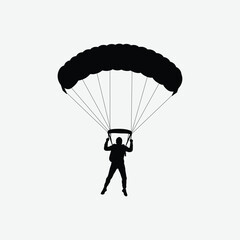 Skydiver Silhouette with Parachute in Mid-Air – Vector Adventure Scene with Clouds and Airplane on White Background