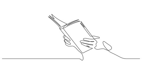 hand holding book handdrawn sketch. one line drawing continuous of reading and learning educational concept copy space minimalism © dhtgstockphoto