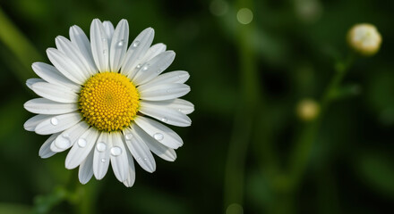 Obraz premium White daisy flower with water droplets on petals against green blurred background. Fresh spring bloom with morning dew. Symbol of purity and innocence for natural cosmetics and wellness concepts