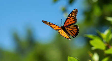 Fototapeta premium Monarch butterfly with orange wings flying against blue sky and green foliage. Graceful insect in mid-flight during migration. Wildlife conservation and environmental awareness symbol