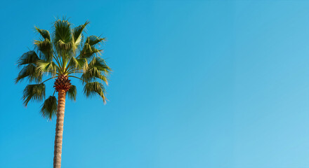 Single palm tree with textured trunk and green fan-shaped fronds against clear blue sky. Tropical summer scenery with vibrant colors for travel and tourism advertisements