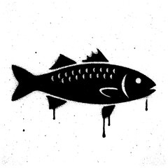 Black and white stencil graffiti of a fish with paint drips and rough spray texture on a wall. © kadiran