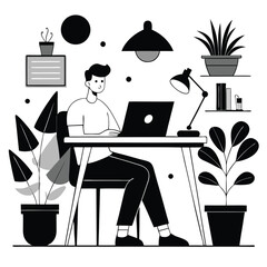 Desk with Laptop Plants Man Silhouette Art