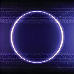 Glowing Futuristic Purple Ring Beam with cyberspace grid Background