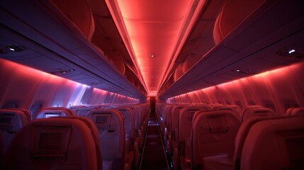 Futuristic flight experience aboard airplane cabin nighttime interior design ambient lighting dramatic perspective