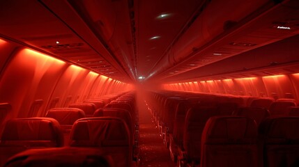 Mysterious red lighting inside airplane cabin aviation photography dim environment interior concept