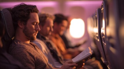 Reading passengers on an airplane flight in-flight experience lifestyle cabin environment interior view travel comfort
