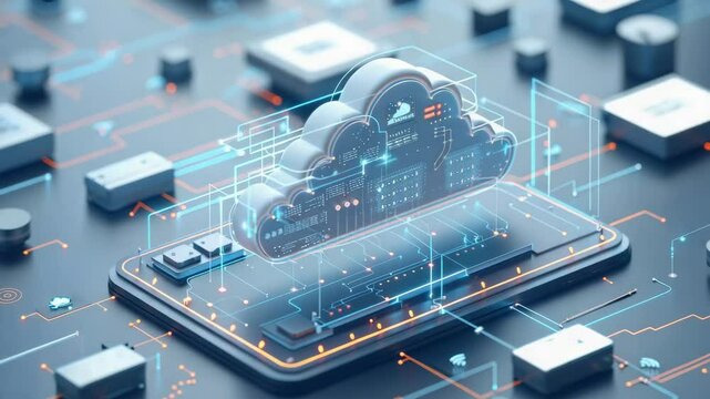 Digital cloud storage concept with holographic elements on a circuit board.