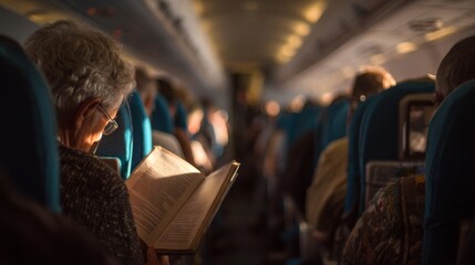 Reading on a flight passenger enjoys book inside airplane cabin relaxed atmosphere aerial view travel experience
