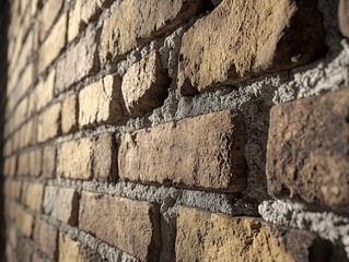 Fototapeta premium A close-up of a weathered brick wall, the deep textures of the mortar and individual bricks creating a rustic feel. The suna??s rays cast soft shadows, accentuating the rough surfaces.