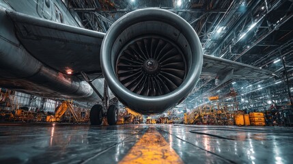 Inspecting aircraft engine performance hangar facility industrial photography mechanical environment ground-level viewpoint