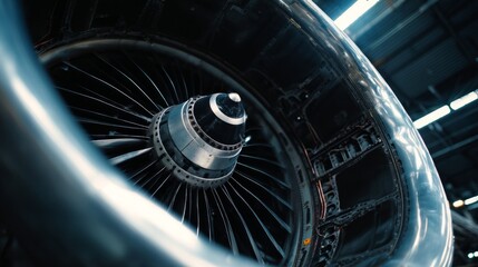 Engine maintenance action aircraft hangar location industrial content type indoor environment close-up viewpoint aviation concept