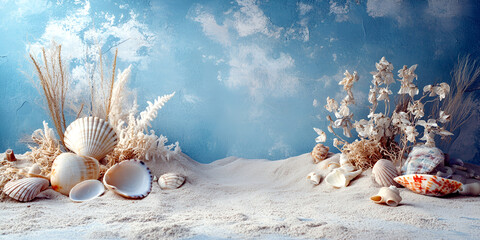 Summer beach inspired scene with sand and tropical decor