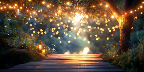 Golden sparkling bokeh lights creating magical summer evening glow
