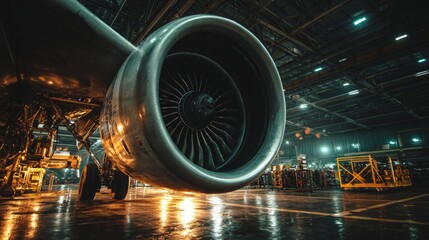 Aircraft maintenance operation hangar facility industrial photography mechanical environment close-up viewpoint aviation concept