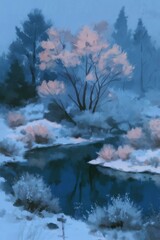 Winter Landscape with Pink Blossoms