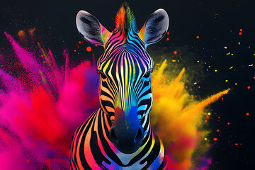 Colorful zebra with vibrant paint splashes in a dynamic, artistic background
