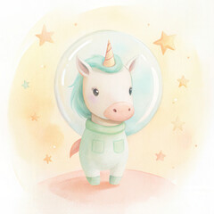 Obraz premium Cute unicorn in a spacesuit with stars in a whimsical setting.