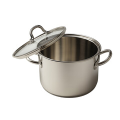 Open stainless steel cooking pot with lid isolated on white background