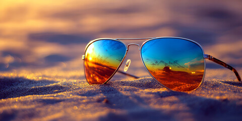 Sunglasses on sandy surface with soft background focus
