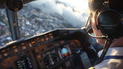 Pilot in cockpit navigating aircraft over cloudy cityscape aerial view aviation photography high altitude
