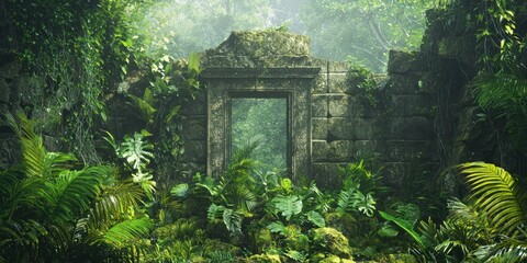 A serene jungle scene with ancient ruins partially buried in greenery