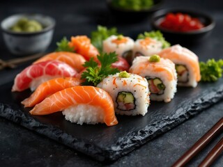 Assorted sushi rolls and nigiri on a dark stone serving platter close up