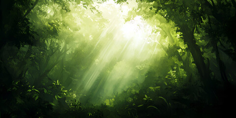 Sunlight beams piercing through foggy forest trees