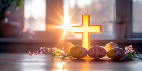 Sunlight shining through cross with radiant light beams