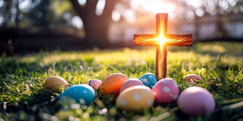 Sunlight shining through cross with radiant light beams