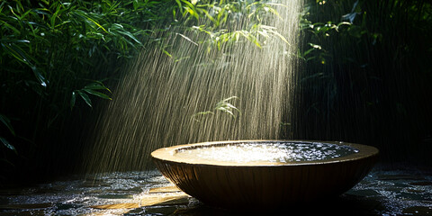 Sunlight streaming through bamboo water fountain in serene garden