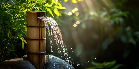 Sunlight streaming through bamboo water fountain in serene garden