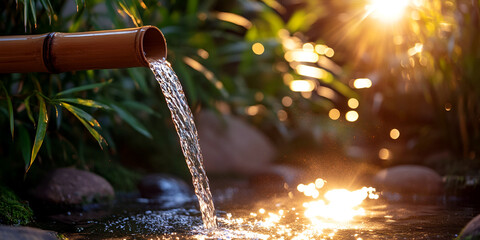 Sunlight streaming through bamboo water fountain in serene garden