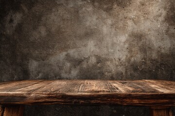Rustic wooden table against a mottled, textured concrete wall.  The wood is dark brown with visible grain and wear