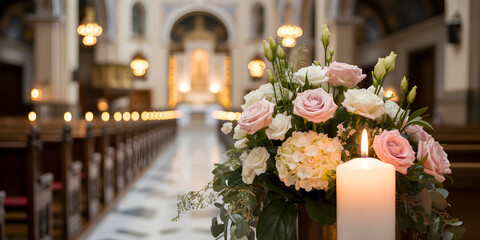 Obraz premium Romantic Church Wedding Scene with Floral Arrangement and Candlelight