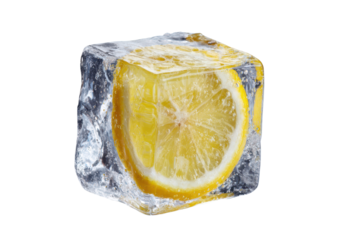 frozen ice cube with lemon slice inside it isolated on white or transparent png