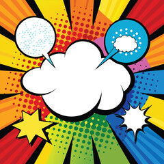 Colorful comic book background.Blank white speech bubbles of different shapes. Rays, radial, halftone, dotted effects. Vector illustration in pop art style
