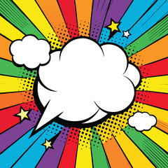 Colorful comic book background.Blank white speech bubbles of different shapes. Rays, radial, halftone, dotted effects. Vector illustration in pop art style