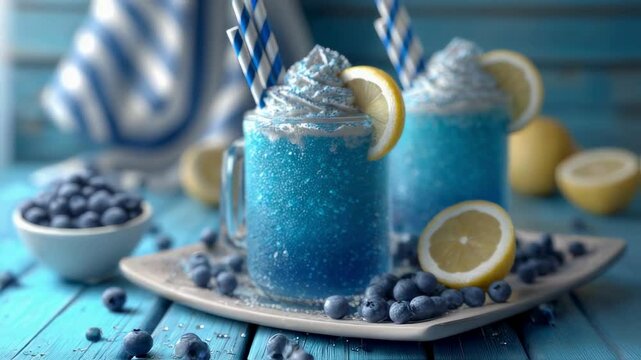 Refreshing Blue Raspberry Lemonade Slushies with Whipped Cream and Blueberries
