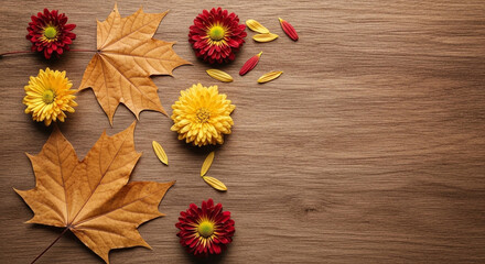 Autumn Composition with Maple Leaves and Chrysanthemum Flowers on Wooden Background