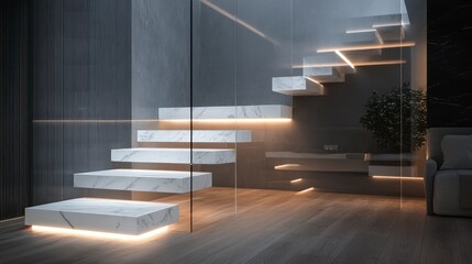 A luxurious L-shaped floating staircase made of white marble, glowing with RGB neon strip lighting under each step, and enclosed by sleek tempered glass balustrades. Set within a minimalist bedroom  