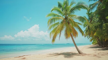 Fototapeta premium Tropical beach with palm trees and clear blue ocean on sunny day