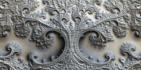 A siliver fractal pattern that morphs into organic shapes resembling a tree of life