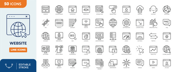 Website line editable icon set. Contain icons related to Containing web design, internet, content, SEO, hosting, blog, homepage, e-commerce, and more. Editable stroke. Vector illustration