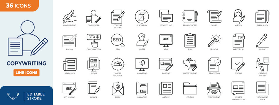 Copywriting icon set. Contain icons related to copywriter, article, content writing, blog, author, storytelling, marketing, and more. Outline Icon Collection. Editable stroke. Vector illustration	
