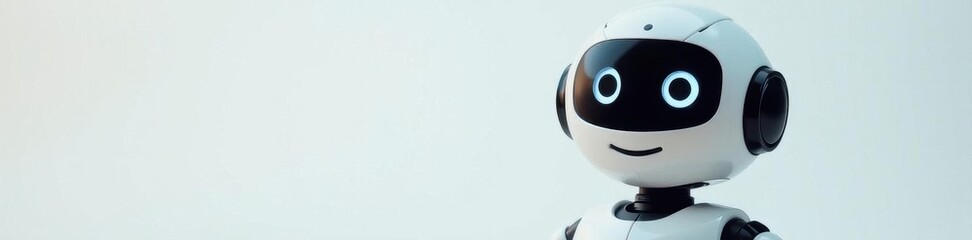 Smiling white robot, large eyes, speech bubble, digital art, graphic, manga